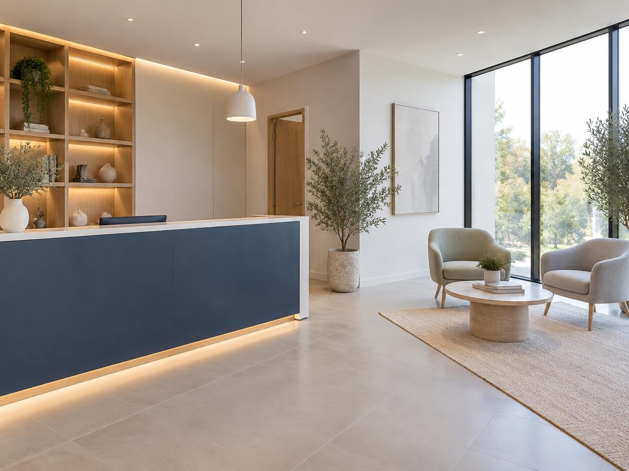 Sala d'attesa luminosa e accogliente di uno studio dentistico