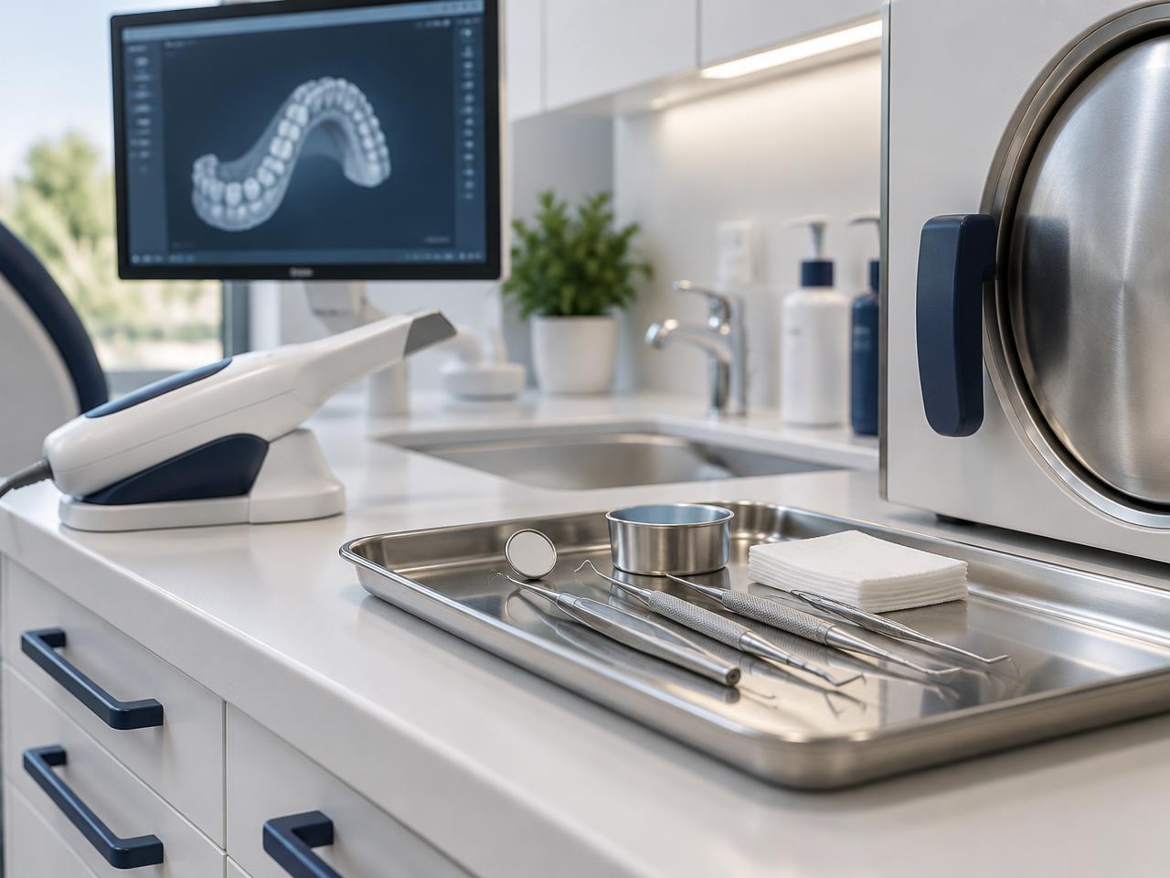 Strumenti dentali sterilizzati e scanner intraorale su un piano di lavoro pulito
