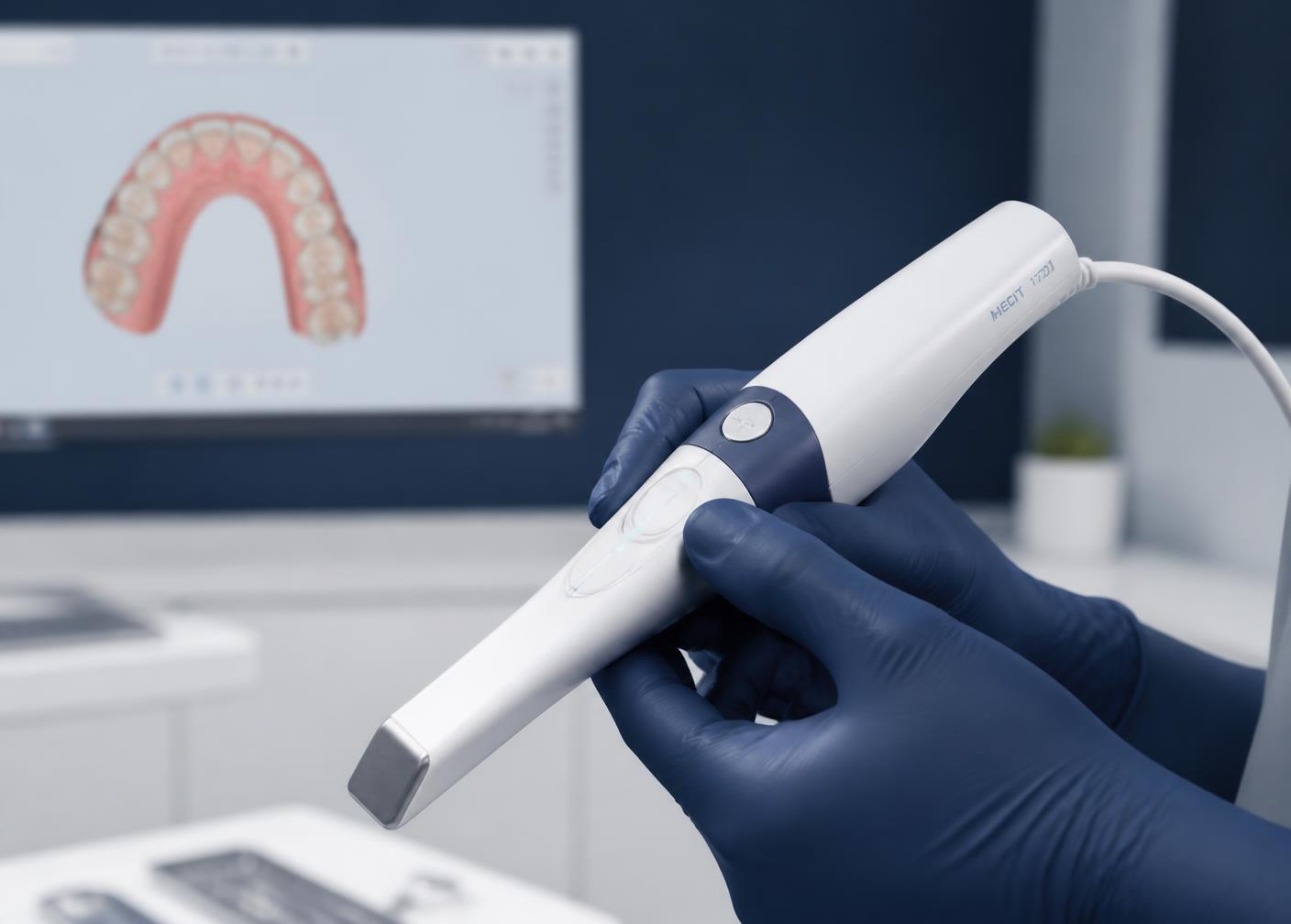 Scanner intraorale 3D utilizzato nello Studio Pasquini, con la scansione digitale visibile a monitor